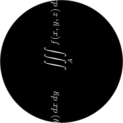 picture p; path q;
p := thelabel(btex \Large
\begin{minipage}{4in}
\begin{gather}
\iint\limits_A f(x,y)\,dx\,dy\qquad
\iiint\limits_A f(x,y,z)\,dx\,dy\,dz\
\iiiint\limits_A f(w,x,y,z)\,dw\,dx\,dy\,dz
\qquad\idotsint\limits_A f(x_1,\dots,x_k)
\end{gather}
\end{minipage}
etex,(0,0));
q := fullcircle scaled 2.5in;
fill q withcolor black;
clip p to q;
draw p rotated (90) withcolor white;
