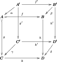 \bfig
\cube|arlb|/ >->` >->`>`>/&lt;1000,1000>[A`B`C`D;f`g`h`k]%
(400,400)|arlb|/>`>`>`>/&lt;900,900>[A^{\prime}`B^{\prime}`C^{\prime}`D^{\prime};f^{\prime}`g^{\prime}`h^{\prime}`k^{\prime}]%
 |rrrr|/&lt;-`&lt;-`&lt;-`&lt;-/[\alpha`\beta`\gamma`\delta]
 \efig